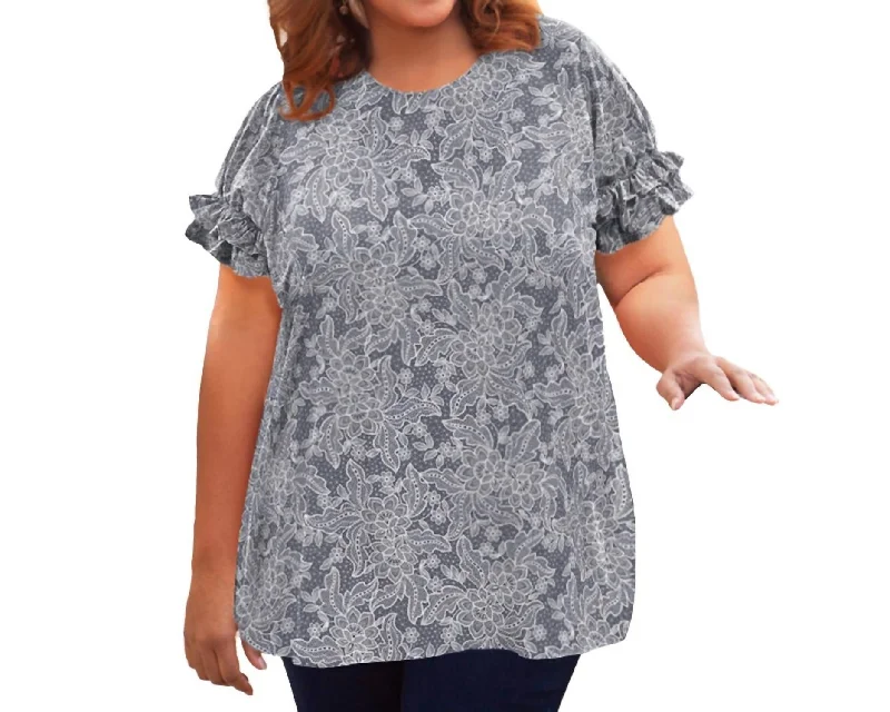 Short Sleeve Ruffle Blouse - Plus Size In Gray Floral Y2K Nostalgic Fashion Look