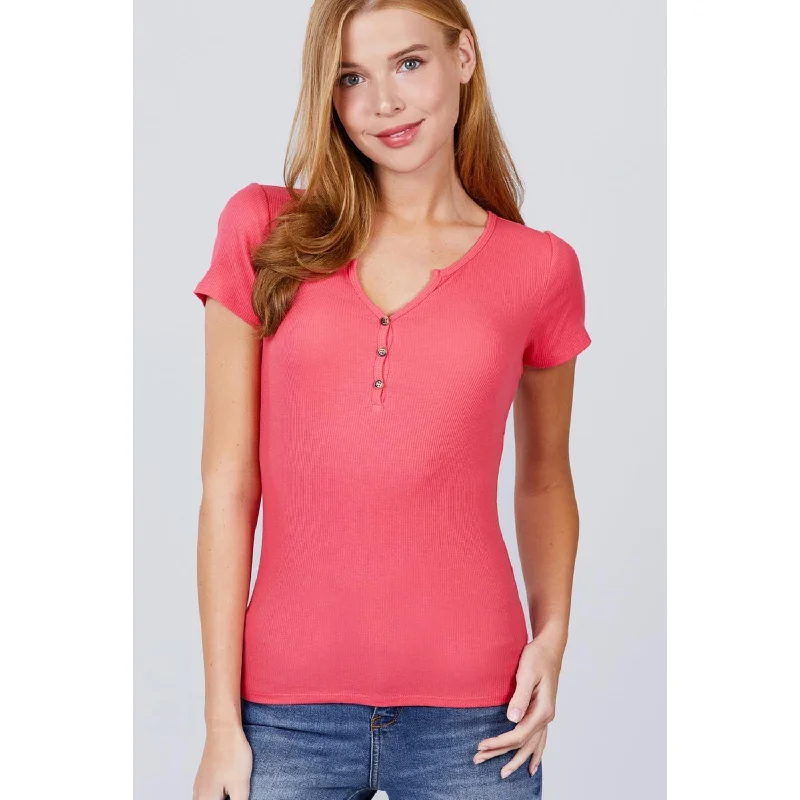 Short Sleeve W/button Detail Henley Neck Rib Knit Top Buy More, Save More