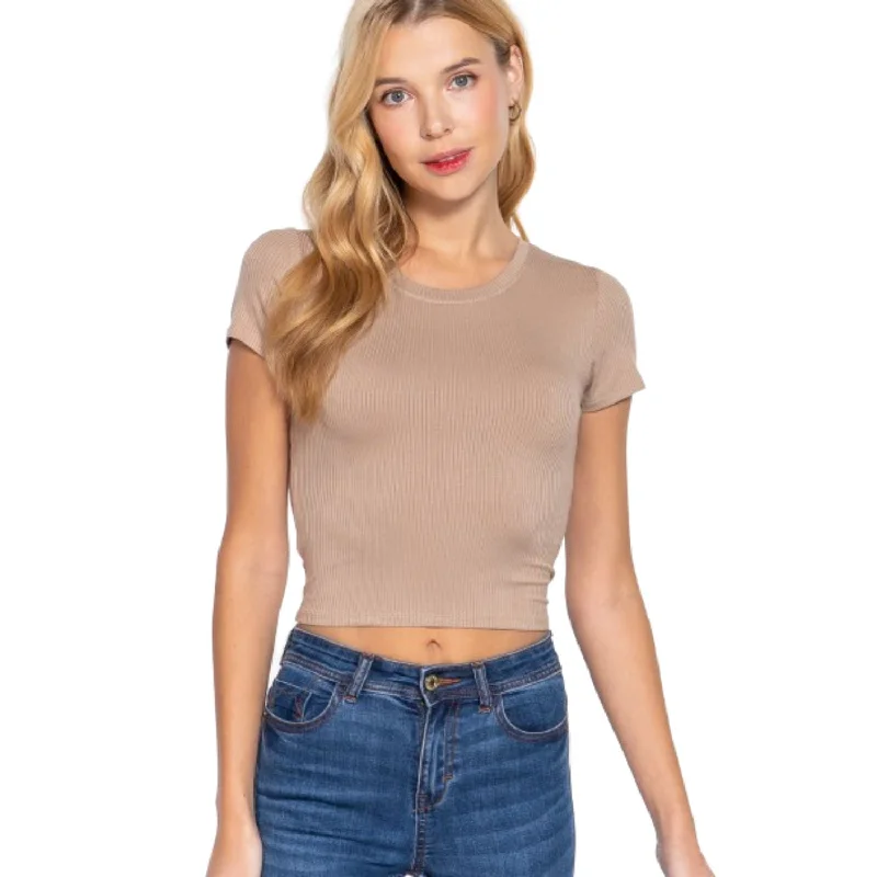 Short Slv Crew Neck Rib Crop Top Stylish Spring Fashion