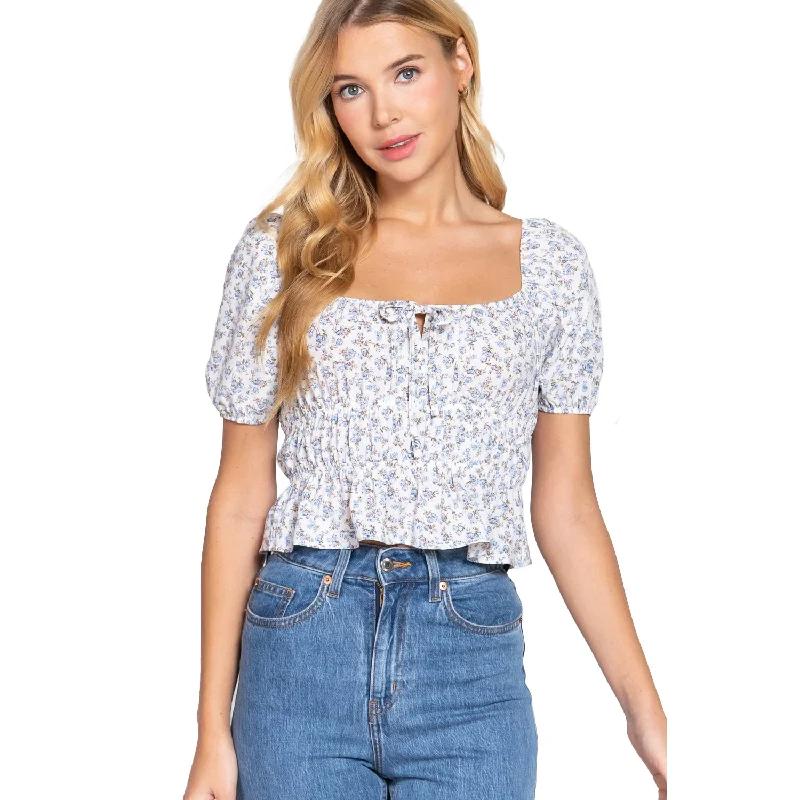 Short Slv Shirring Print Woven Top Summer Deals