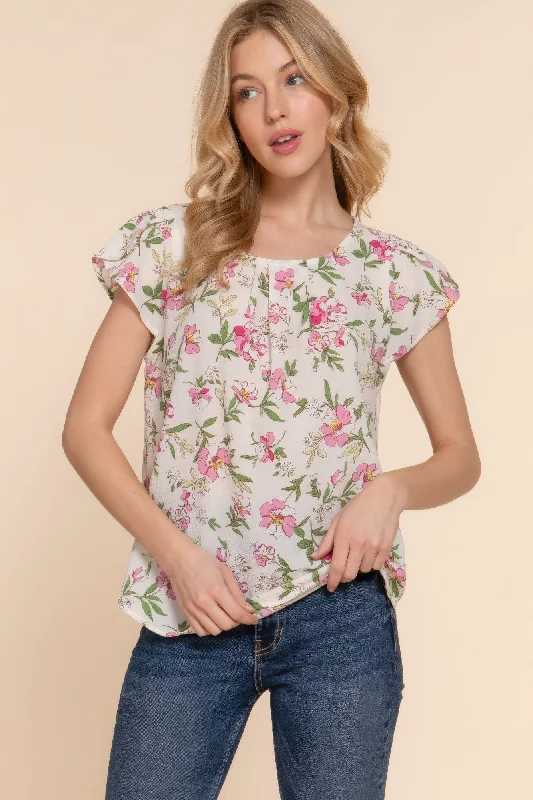 Short Tulip Slv Floral Print Woven Top Flash Sales