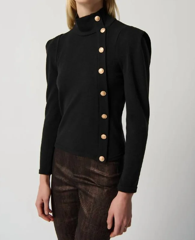 Side Button Mock Neck Top In Black Special Occasion Wear