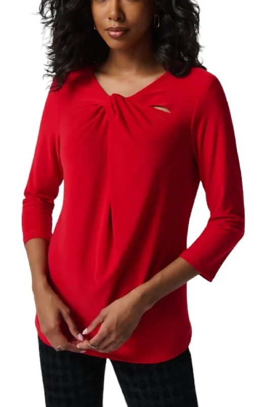 Silky Knit Twist Neck Top In Lipstick Red Holiday Sale