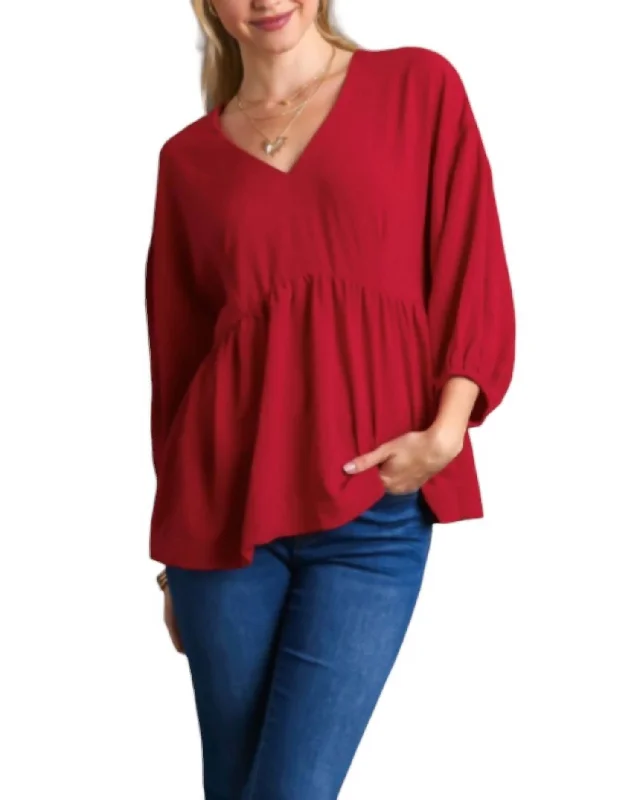 Simple V-Neck Babydoll Top In Red Cool Prices