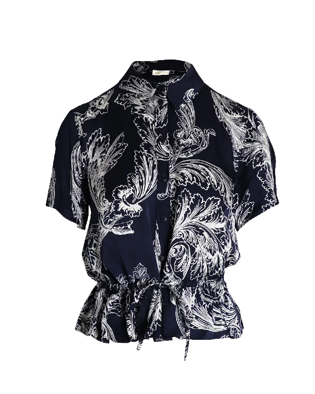 Sine Goya Printed Drawstring Top in Navy Blue Satin The Good Stuff