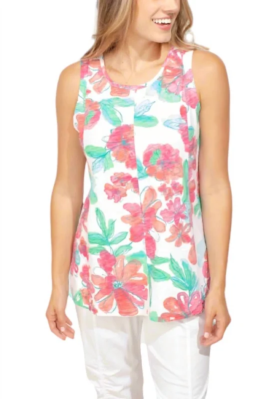 Sketched Floral Seamed Tank Top In Floral Multi Sophisticated Cut