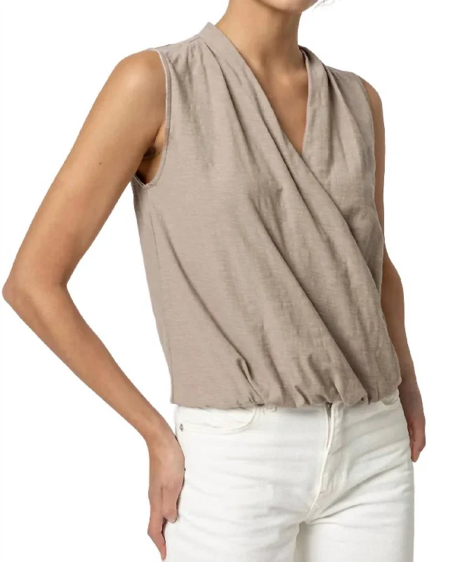 Sleeveless Faux Wrap Tank In Driftwood Style Revolution