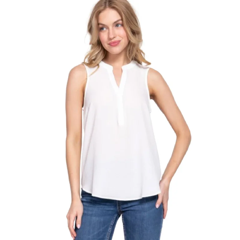 Sleeveless Henley Neck Woven Top New In This Season