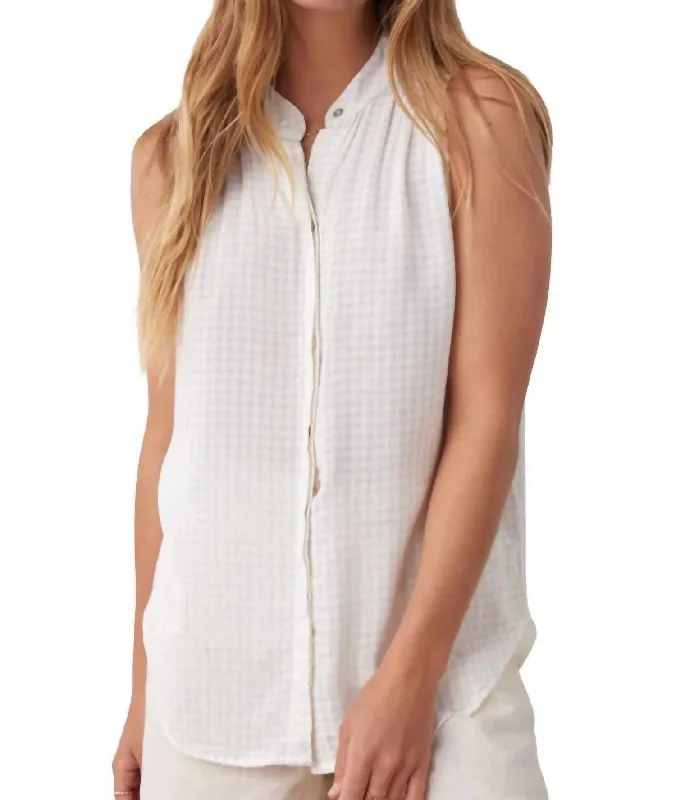 Sleeveless Smocked Button Down Top In Light Sand Contemporary Elegance