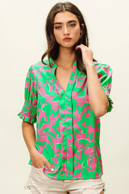 Smocked Cuff Floral Contrast Top Tropical Island - Inspired Attire