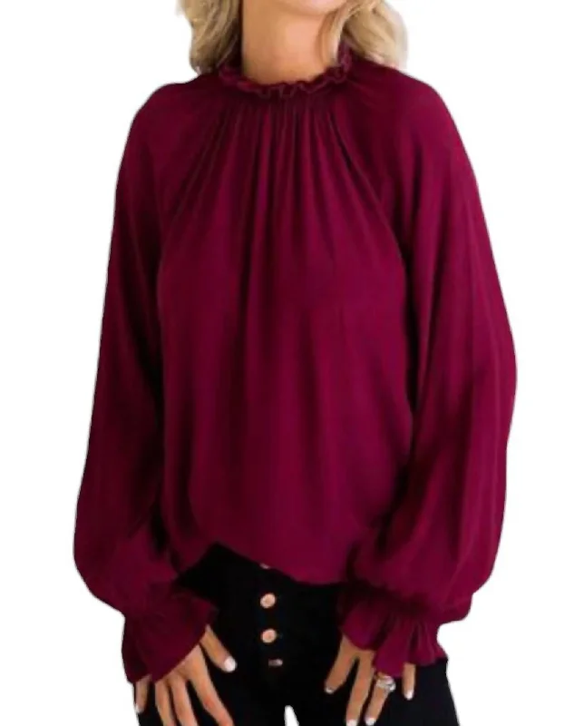 Smocked Neck Top In Burgundy Trendy Clothing Sale