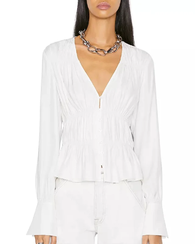 Smocked V Neck Button-Down Top In White Unleash Your Trend Driven Style