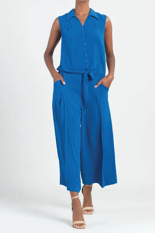 Soft Textured Rayon - Sleeveless Button Down Tie Hem Top In Cobalt Fashion Essentials