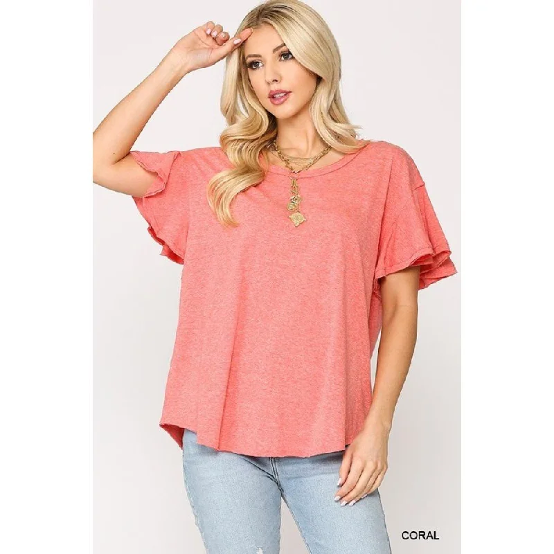 Solid Round Neck Frill Sleeve Top With Scoop Hem Unleash Your Style