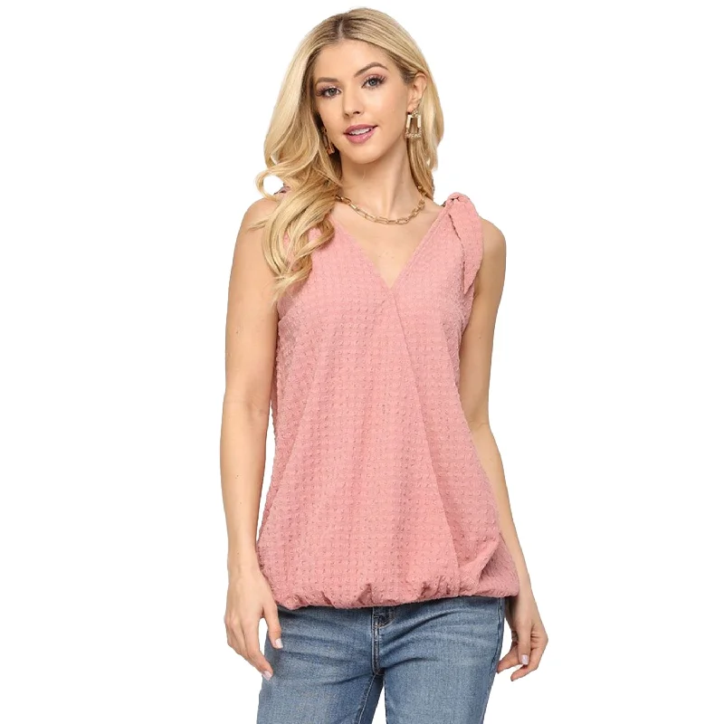 Solid Textured And Sleeveless Surplice Top With Shoulder Tie Signature Style Essentials