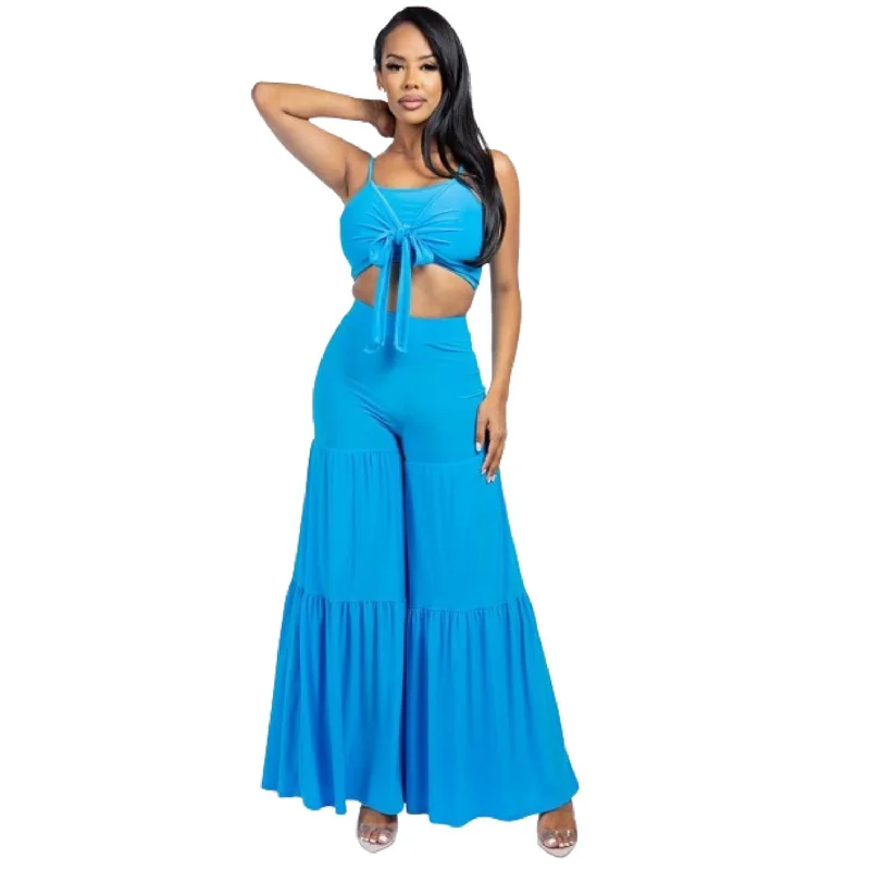 Solid Tie Front Spaghetti Strap Tank Top And Tiered Wide Leg Pants Two Piece Set Limited Time Offers