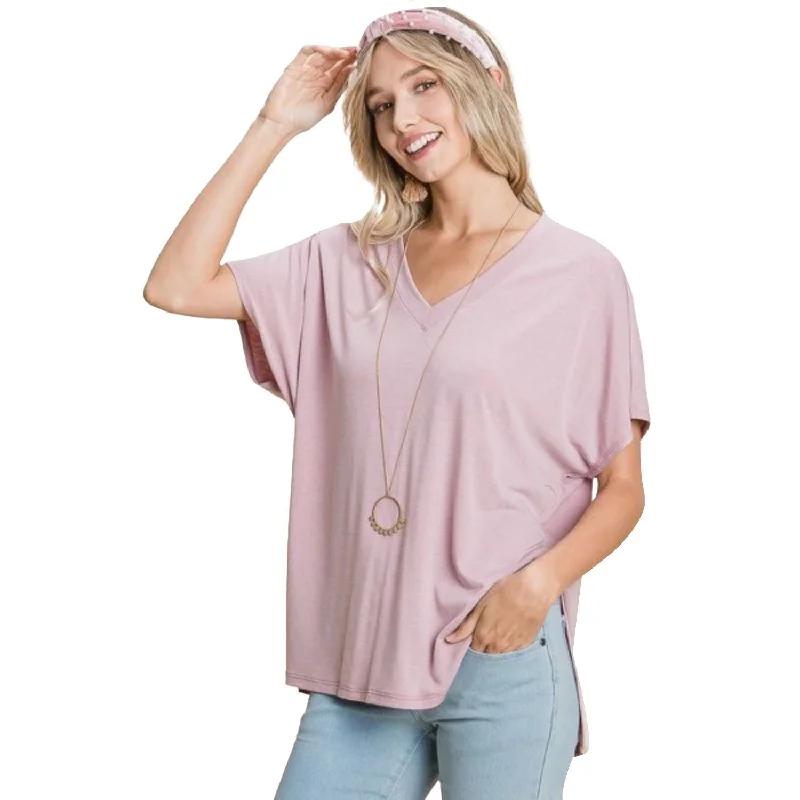 Solid V Neck Casual And Basic Top With Short Dolman Sleeves And Side Slit Hem Chic Styles