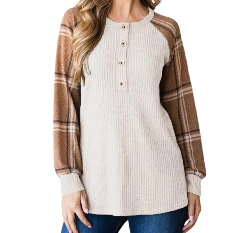 Solid Waffle And Plaid Top In Oatmeal Chic Trend Collection