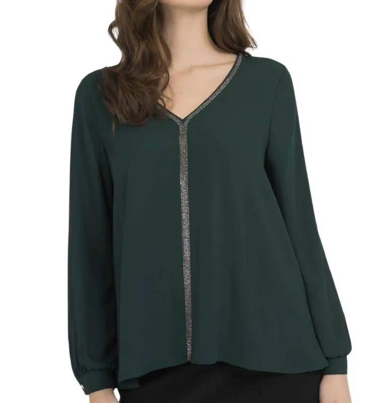 Sparkle Trim Blouse In Pure Emerald Romantic Date - Night Ensemble