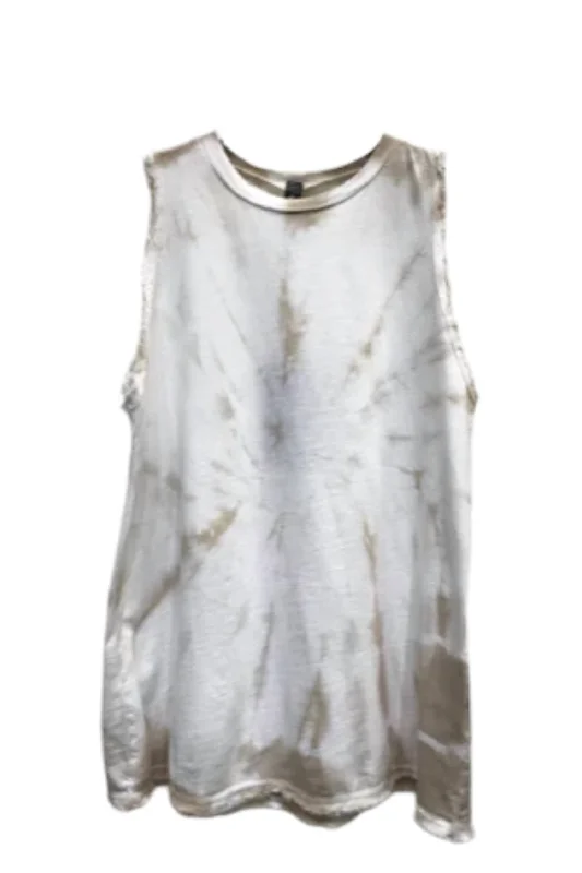 Spiral Tie Dye Sleeveless Fringe Edge Tank Top In Beige Vibrant Styles