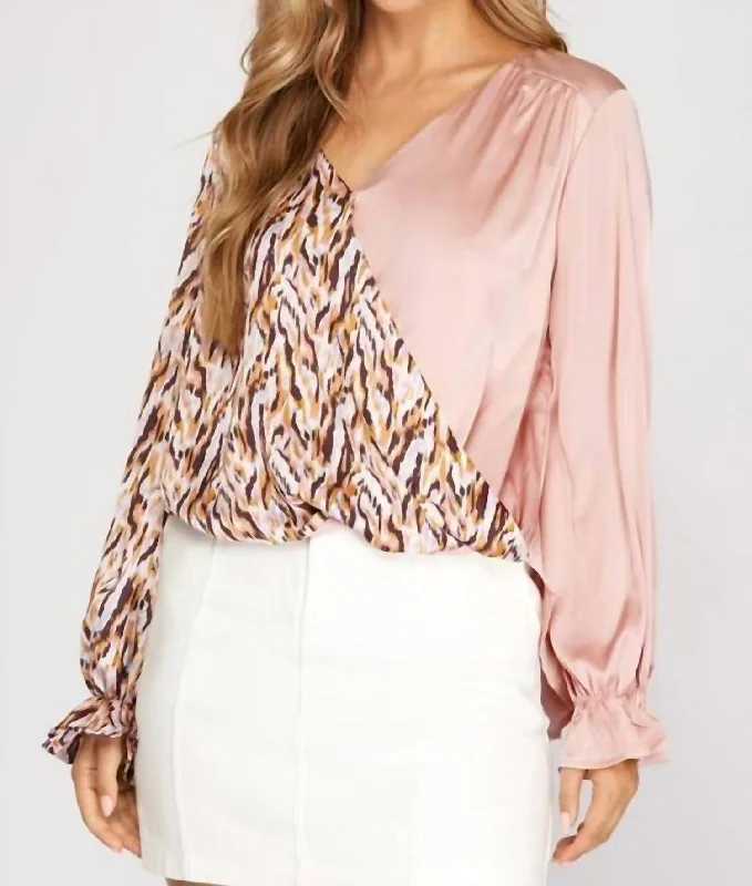 Split Satin Top In Blush/multi Elegant Contour