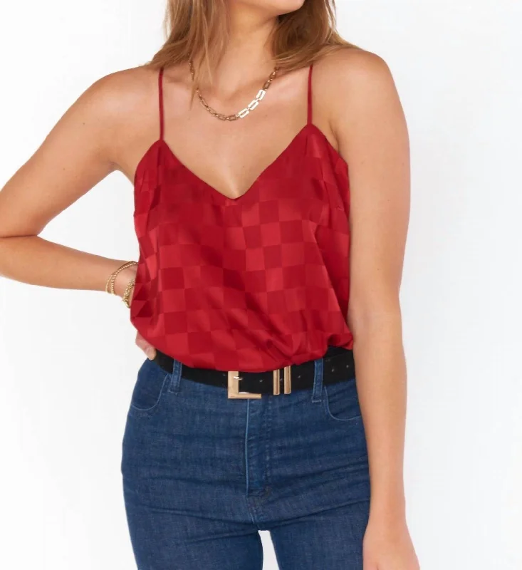 Spotlight Tank In Red Checkerboard Satin Trendy Fashion For Women