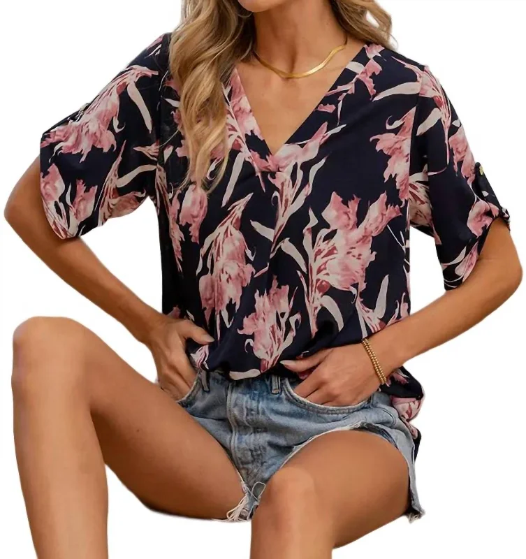 Spring Floral Top In Navy Mauve Cool Prices