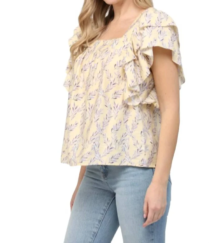 Square Neck Ruffle Sleeve Top In Yellow Elegant Styles