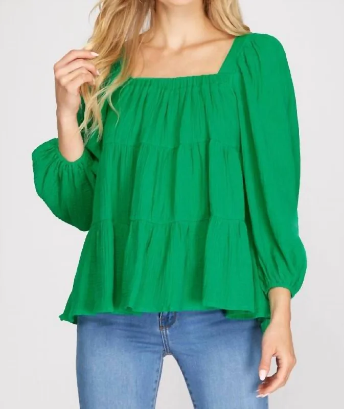 Square Neck Top In Green Lightweight Fabric