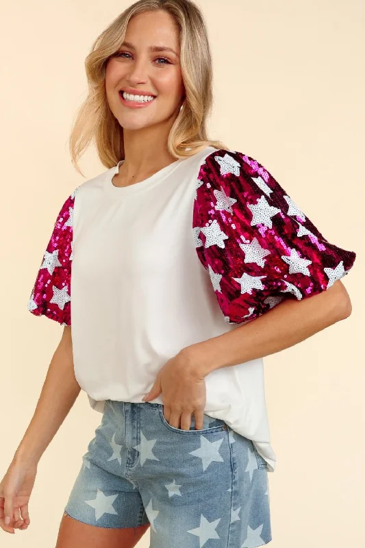 Star Sequin Bubble Short Sleeve Top Seasonal Trend