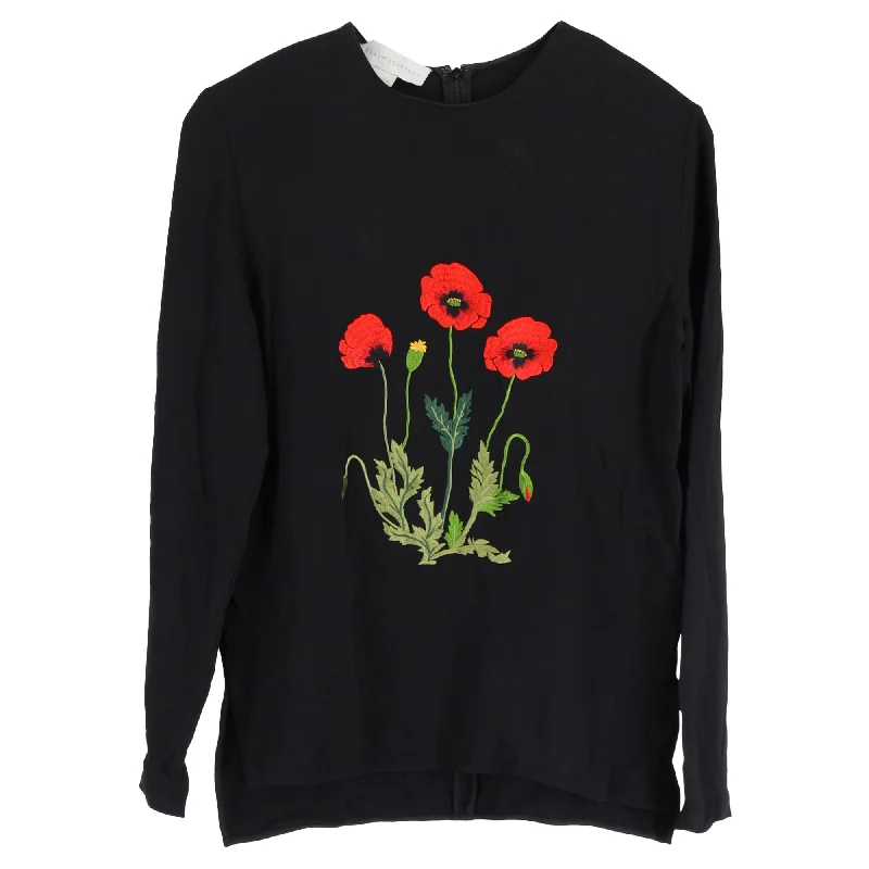 Stella McCartney Embroidered Poppies Crew Neck Sweater in Black Viscose Winter Warm - Up Sale