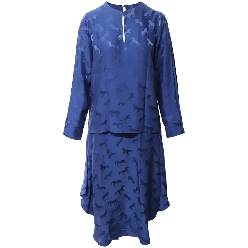 Stella McCartney Horse Jacquard Blouse and Skirt in Blue Viscose Disco - Inspired Retro Dance Look