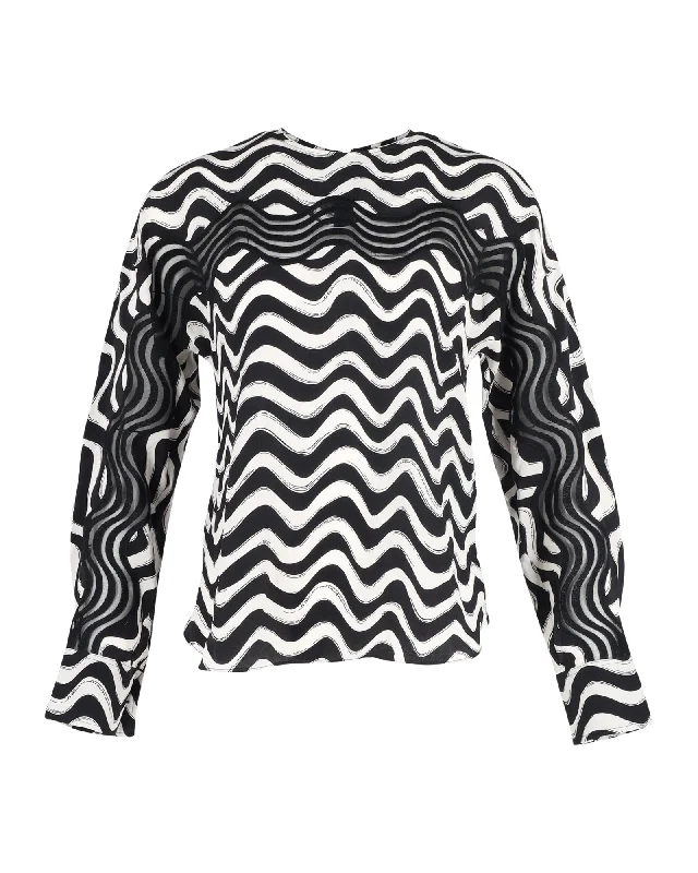 Stella McCartney Wave-Print Long-Sleeve Blouse in Black and White Silk Cottagecore Rustic Charm Style