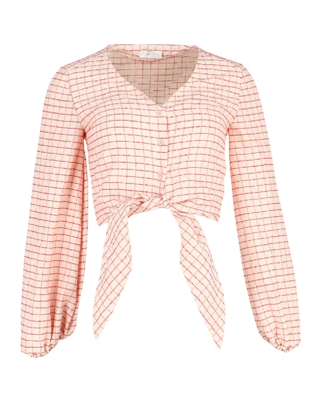 Stine Goya Blanca Tie-Front Checked Blouse in Pink Cotton Chic Trends For The Fashion Savvy