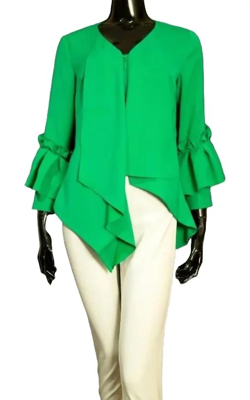 Stretch Jacket With Ruffle Front Sleeves In Jade Graceful Cut