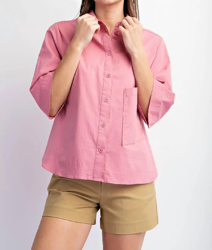 Stretch Poplin Button Down Top In Mauve Season Sale