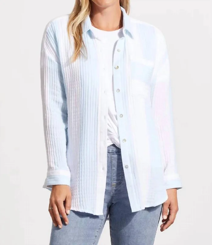 Stripe Long Sleeve Button Gauze Blouse In Blue Cloud Weekend Special