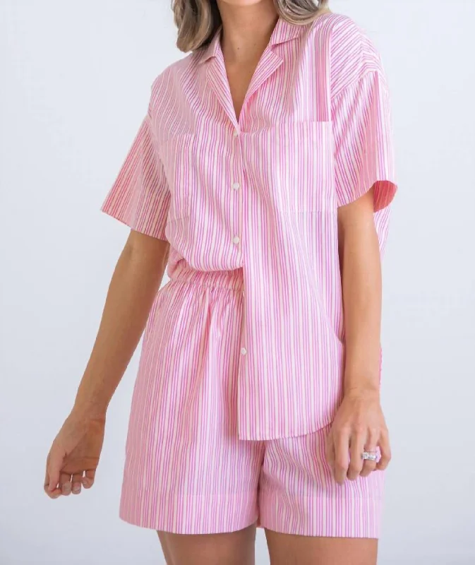 Stripe Poplin Pocket Button Up Top In Pink Save Big