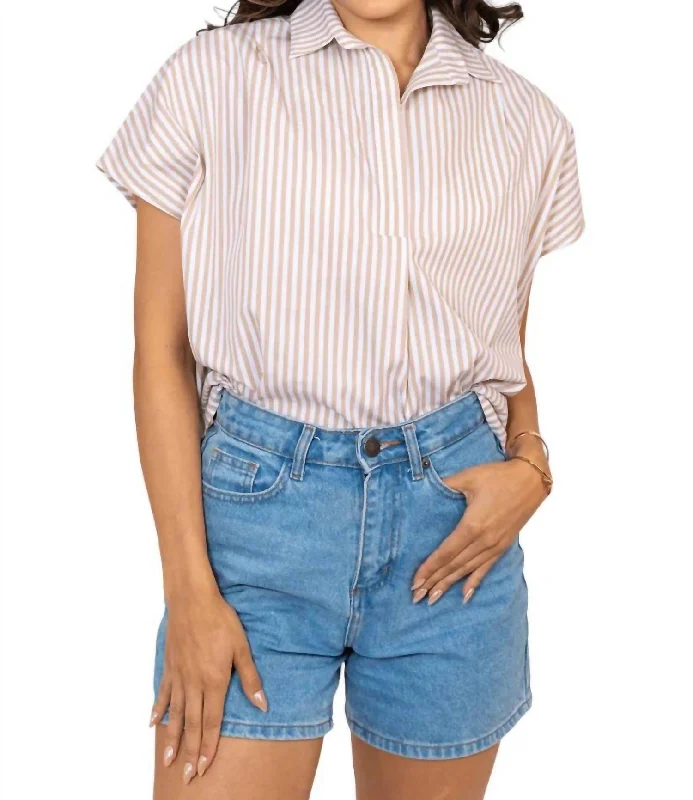 Stripe Vneck Poplin Top In Tan Bid Farewell To The Old Season