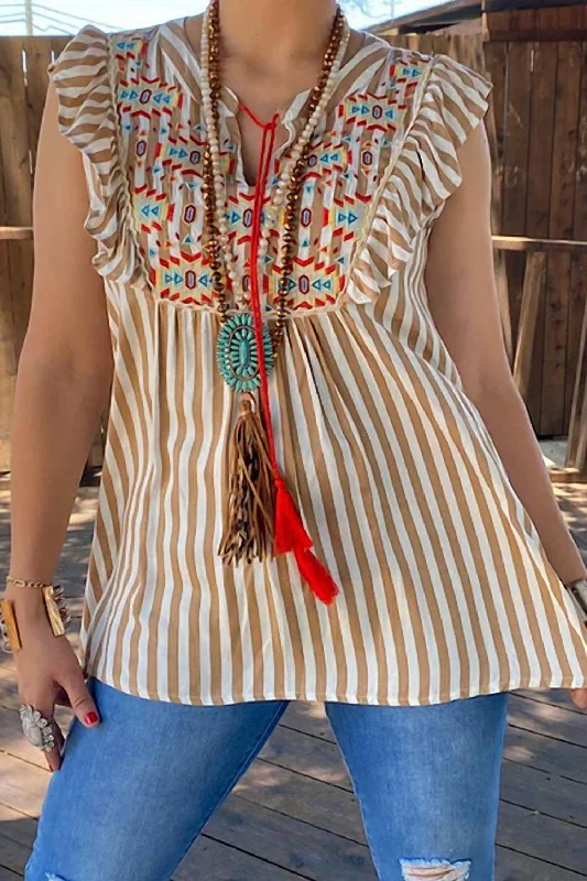 Striped Aztec Embroidery Blouse In Beige Top Deals