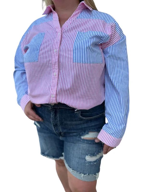 Striped Button Down Shirt In Pink/blue Special Offer For You