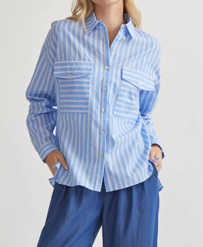 Striped Button Up Top In Blue Great Deals On Ethnic Cultural Wear