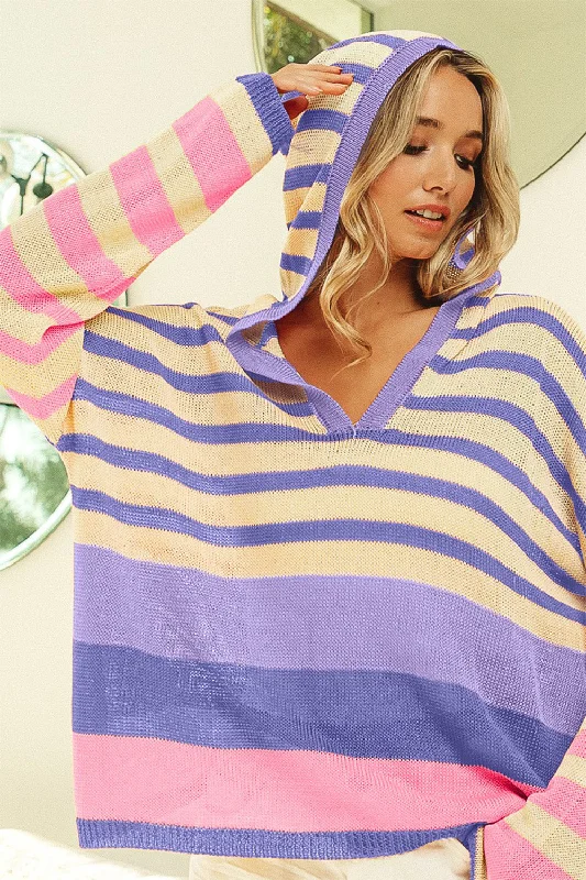 Striped Color Block  Hooded Knit Top Fashion Forward Style