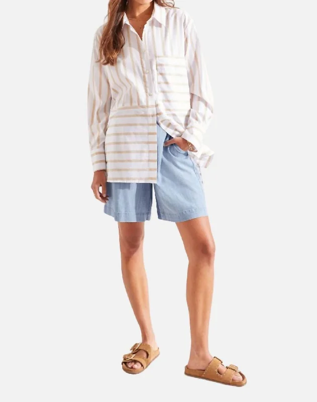 Striped Cotton Button Up Shirt In Linen Feminine Soft - Hued Look