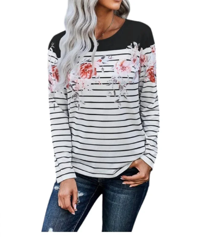 Striped Floral Print Long Sleeve Top In White Comfort Centric Apparel