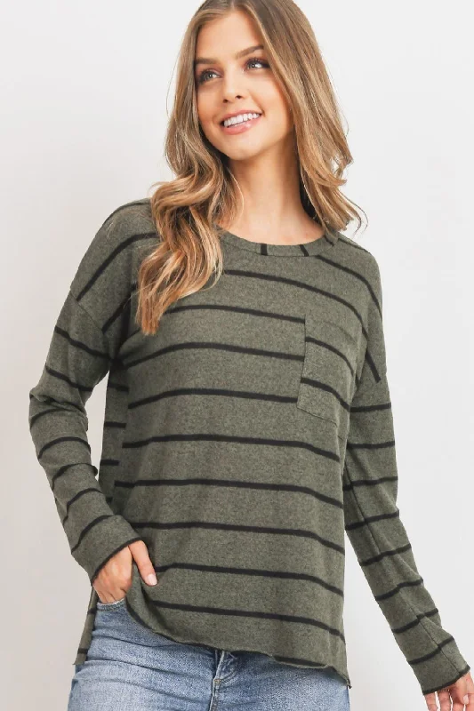 Striped Front Pocket Round Collar Casual Chic