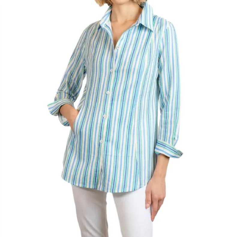 Striped Linen Blouse In Azure Exclusive Designer Collection