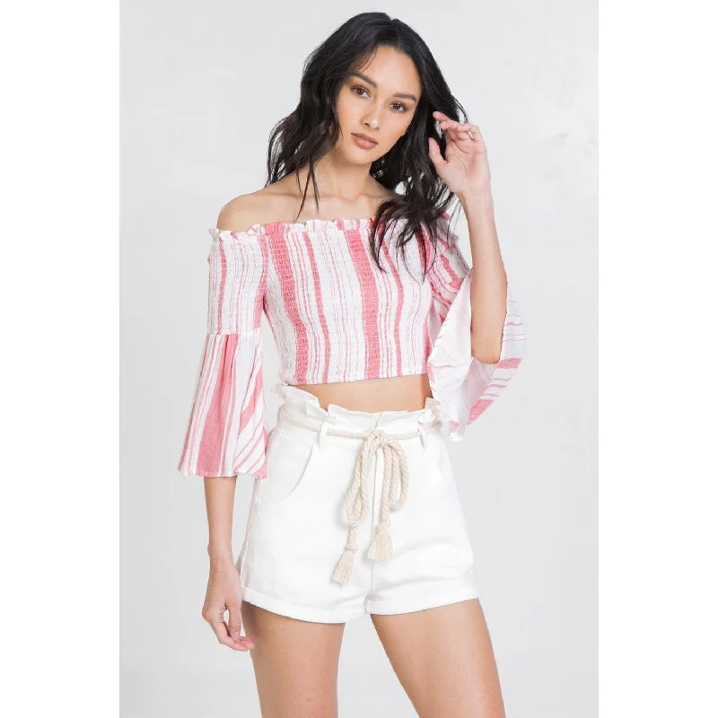 Striped Off-the-shoulder Gauze Crop Top Save Big