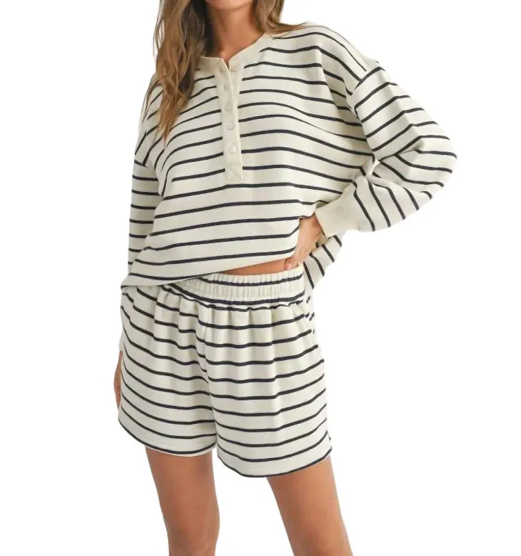 Striped Terry Fabric Half Button Top In Off White/navy Trendy Street Style Attire