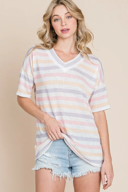 Striped V-Neck Short Sleeve T-Shirt Shop Our Looks